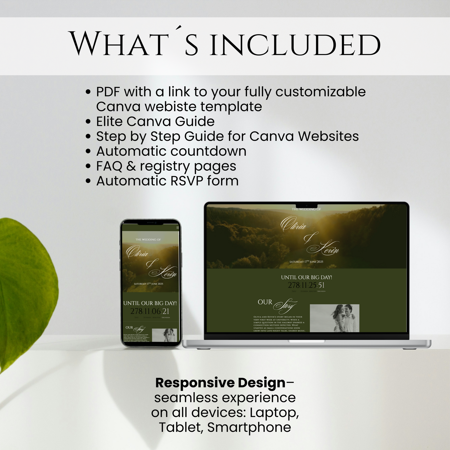 Canva wedding website template package with PDF guide, countdown, RSVP, registry and responsive design on laptop and mobile.