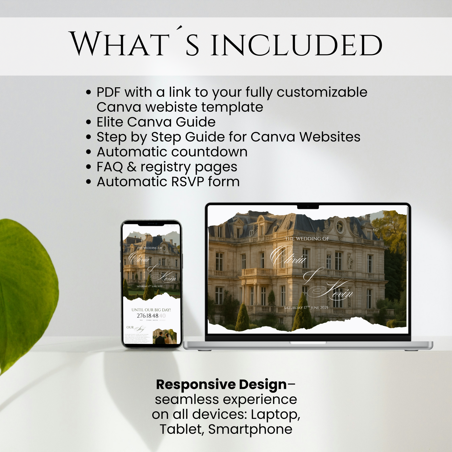 What’s included in luxury wedding website template with Canva guide, countdown, RSVP and registry
