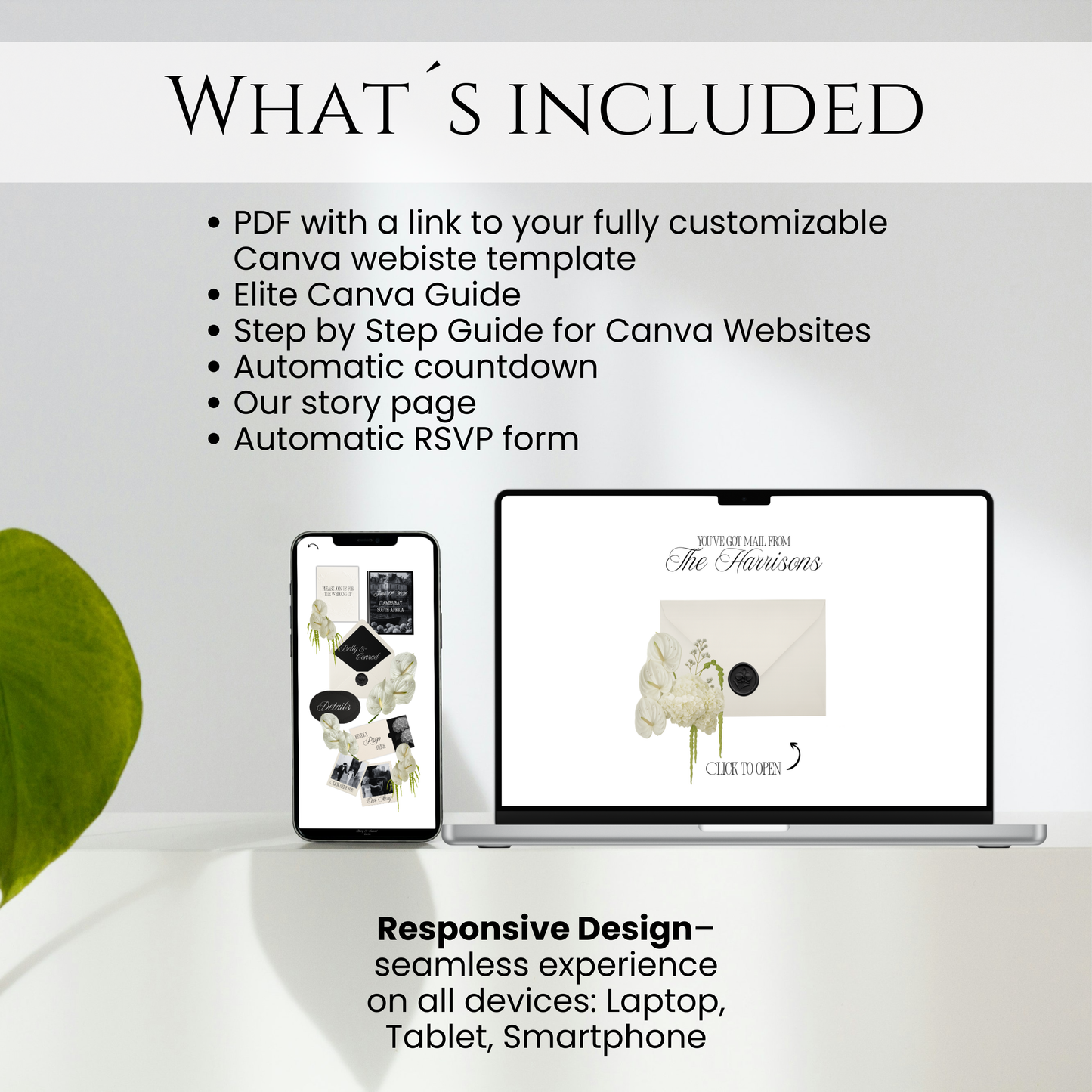 "What's Included" graphic for the 5-page black and white wedding website bundle with Canva access.