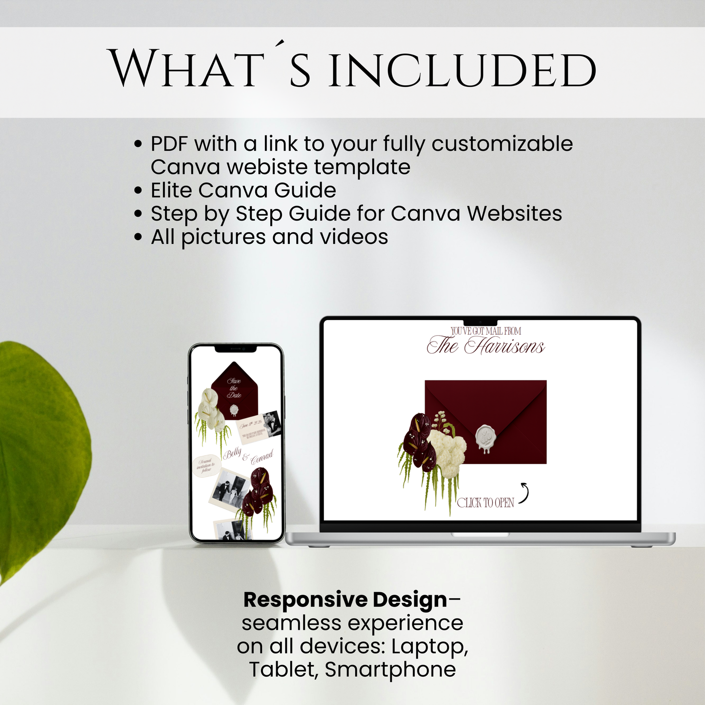 "What's Included" section displaying a burgundy save the date Canva template on phone and laptop, highlighting responsive design.
