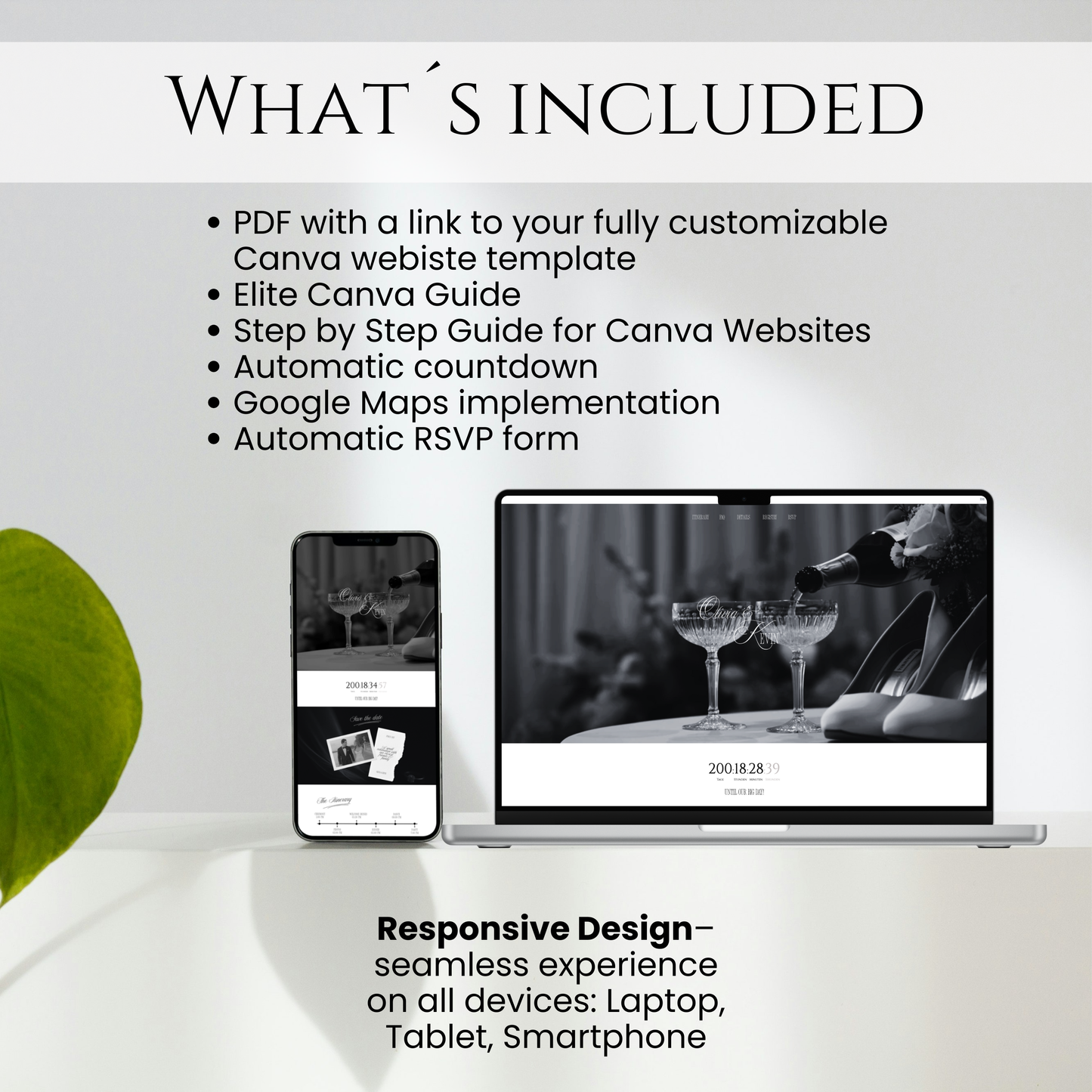 package	Infographic listing included items: Canva template, guide, countdown, and responsive design.