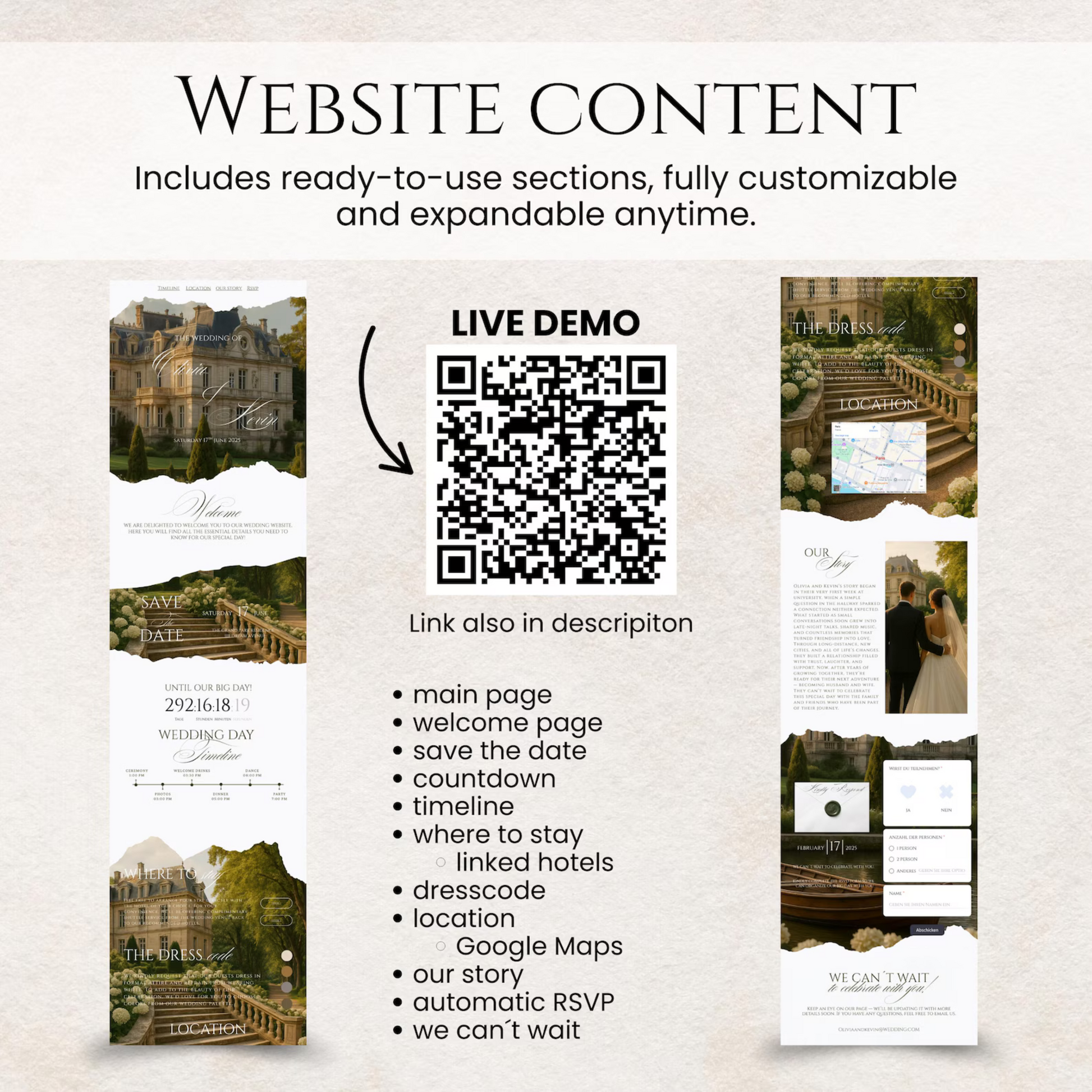 Wedding website template package includes PDF link, Canva guide, RSVP, countdown, registry, Google Maps & responsive design.